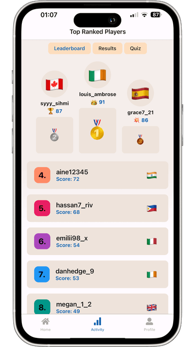 Poptrifia mobile app - leaderboard screen