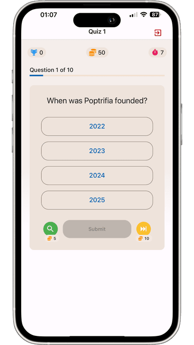 Poptrifia mobile app - play quiz screen